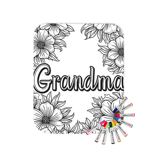 Blanket coloring kit with Grandma-inspired fabric markers and black floral design