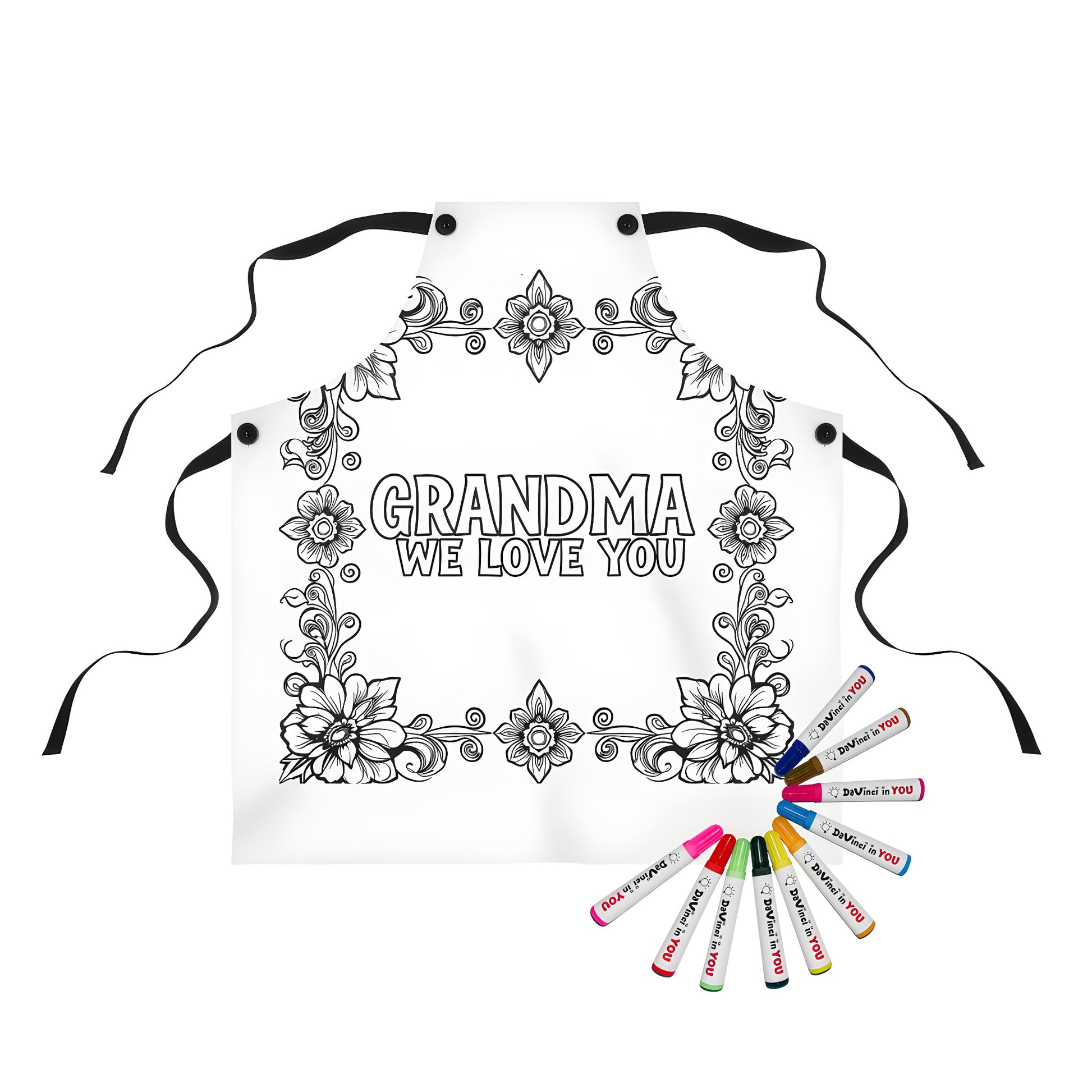 Apron coloring kit with grandma-themed design