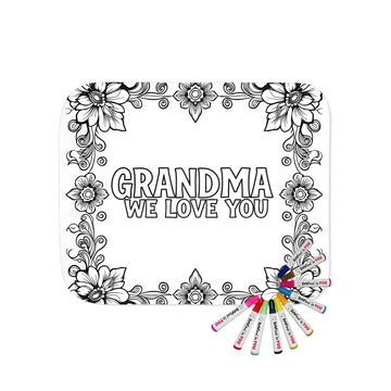 Blanket with grandma-themed floral border and 'GRANDMA WE LOVE YOU' design