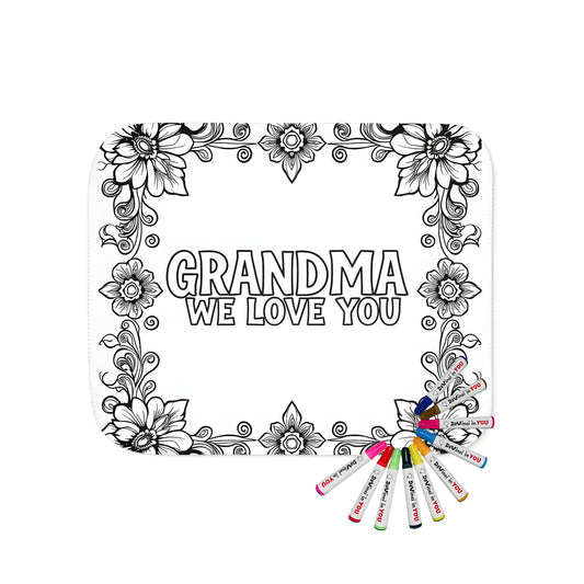 Blanket with grandma-themed floral border and 'GRANDMA WE LOVE YOU' design