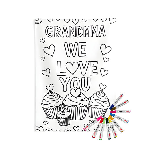 A beautiful indoor wall tapestry featuring a coloring page design of Grandma We Love You surrounded by hearts and cupcakes. Perfect for a grandmother appreciation gift or any occasion.