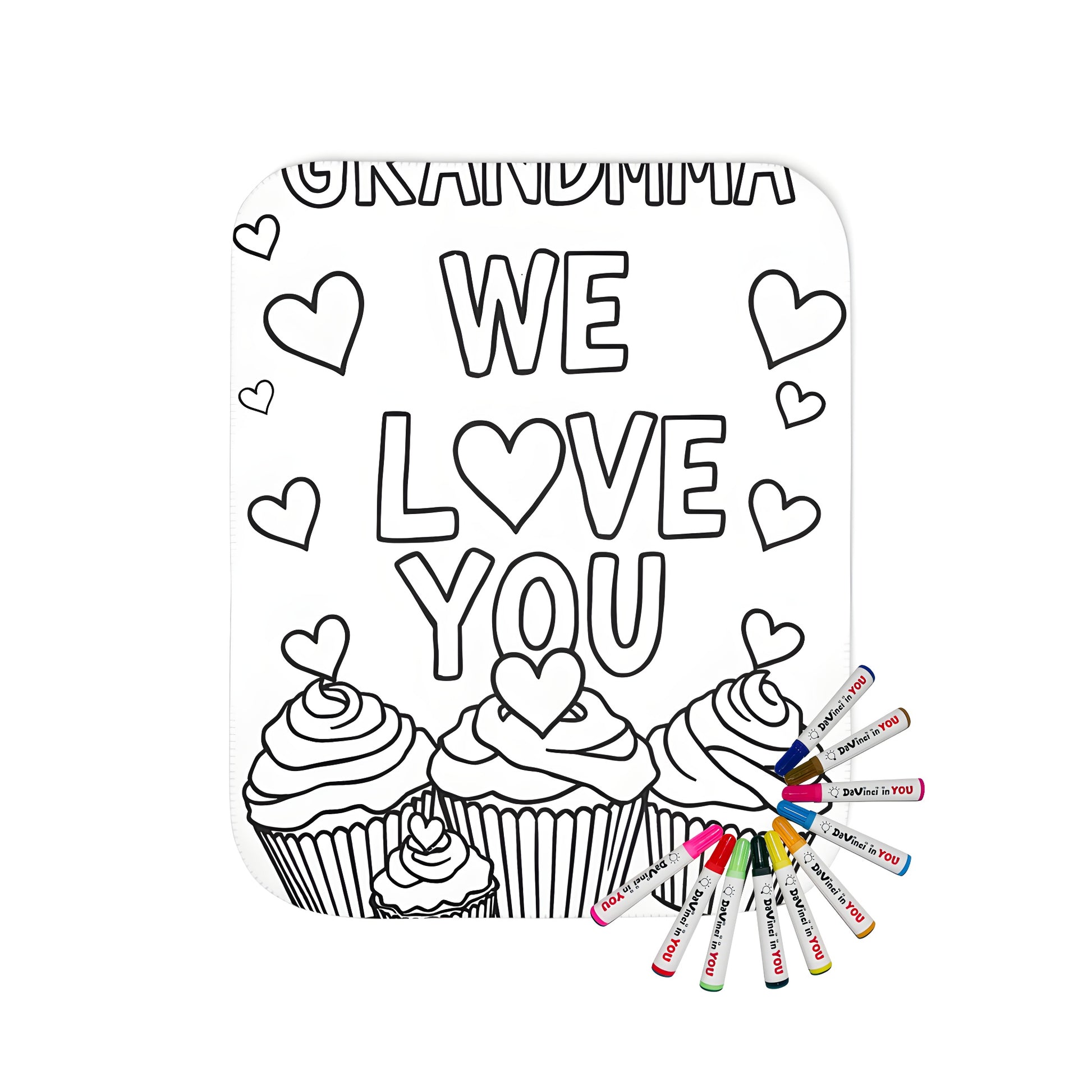 Blanket with grandmother appreciation design, featuring 'Grandma We Love You' coloring page