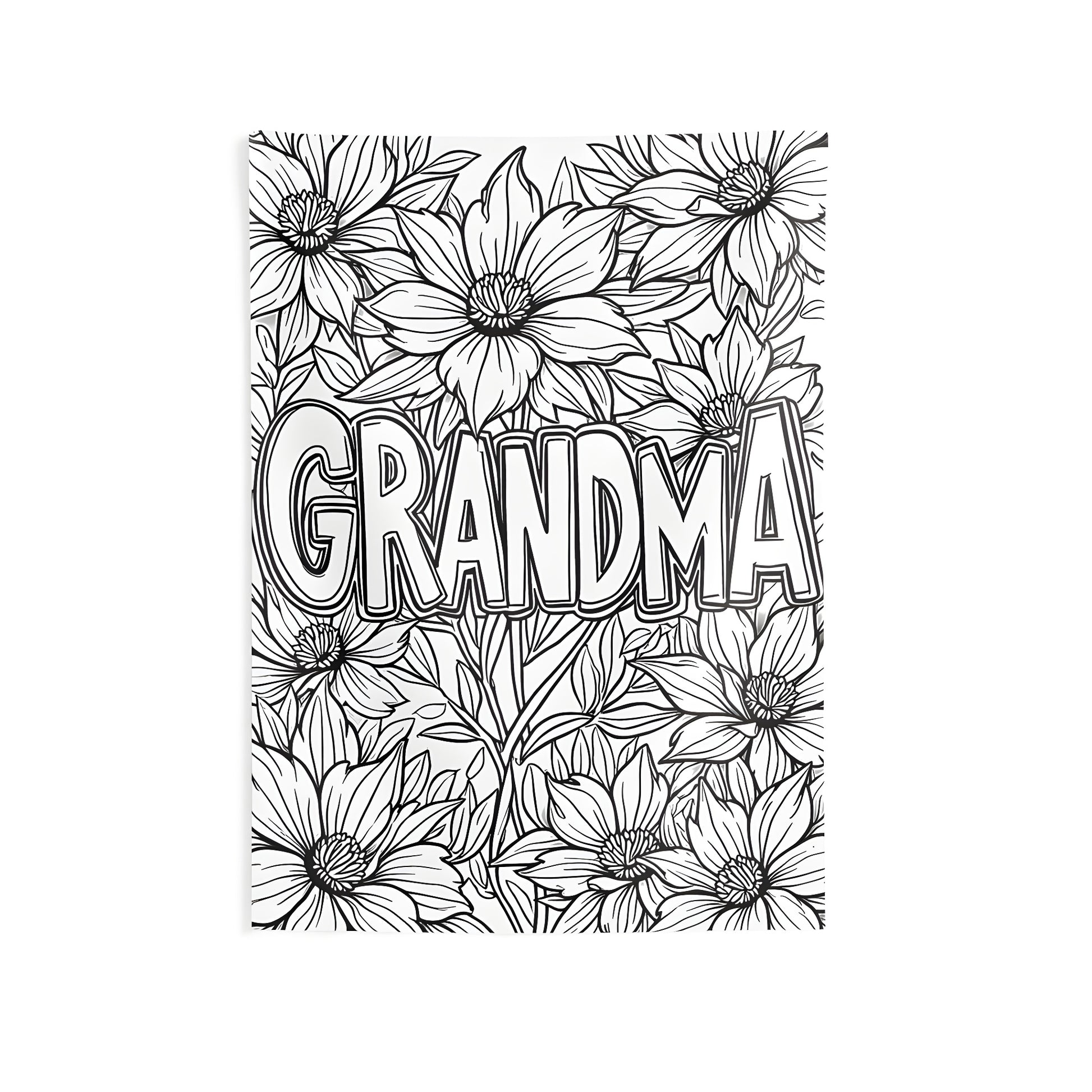 A beautiful Indoor Wall Tapestry with a detailed black-and-white coloring page featuring the word 'GRANDMA' amidst a background of large flowers. Perfect for a Nana, Mimi, Momma, or Gigi's home decor.