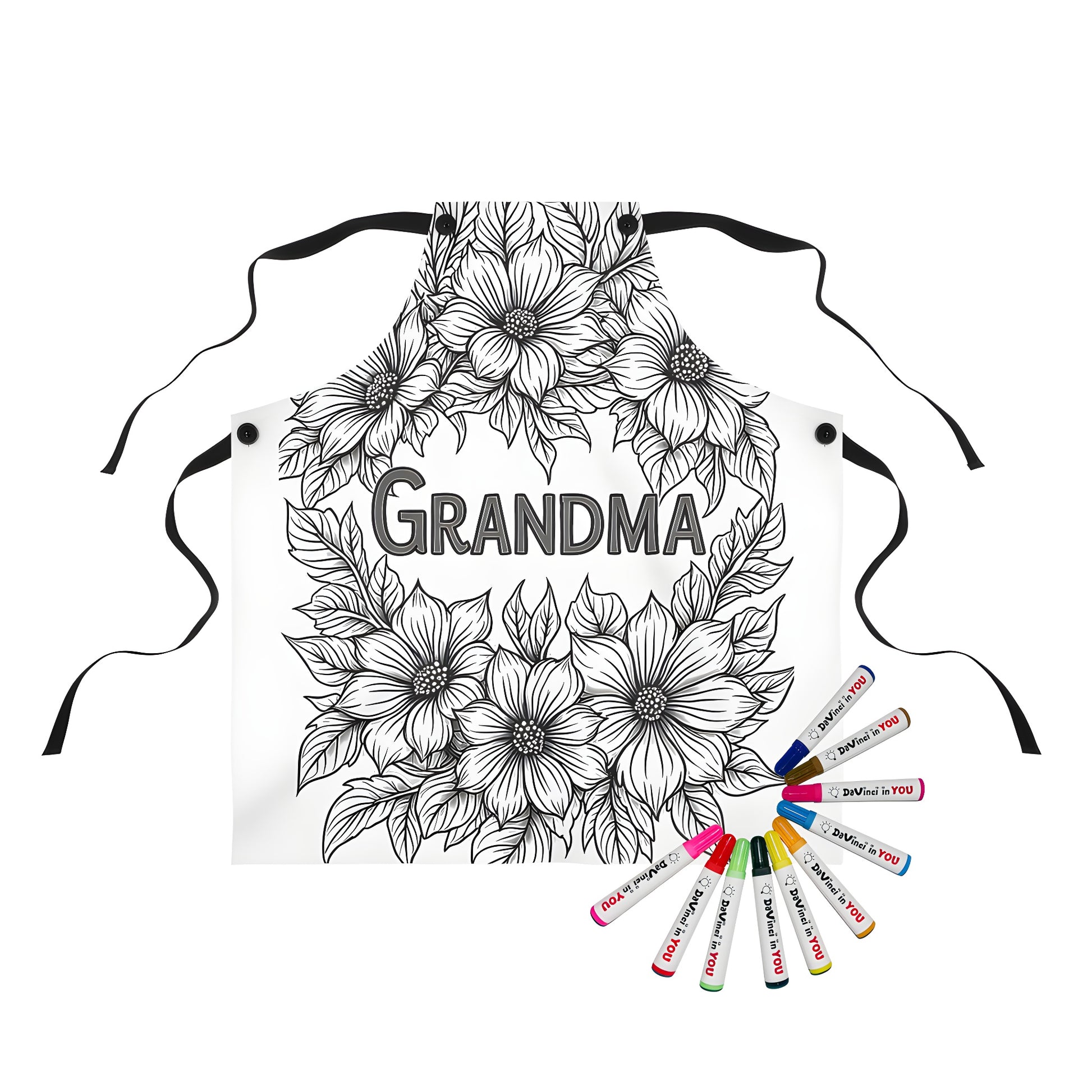 Coloring apron featuring floral artwork with flowers and leaves design