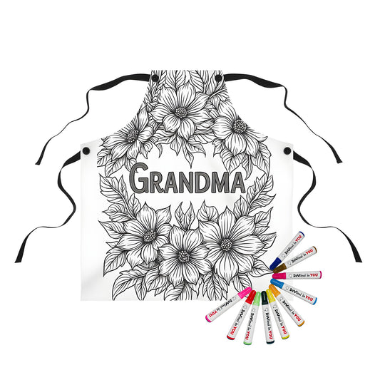 Coloring apron featuring floral artwork with flowers and leaves design