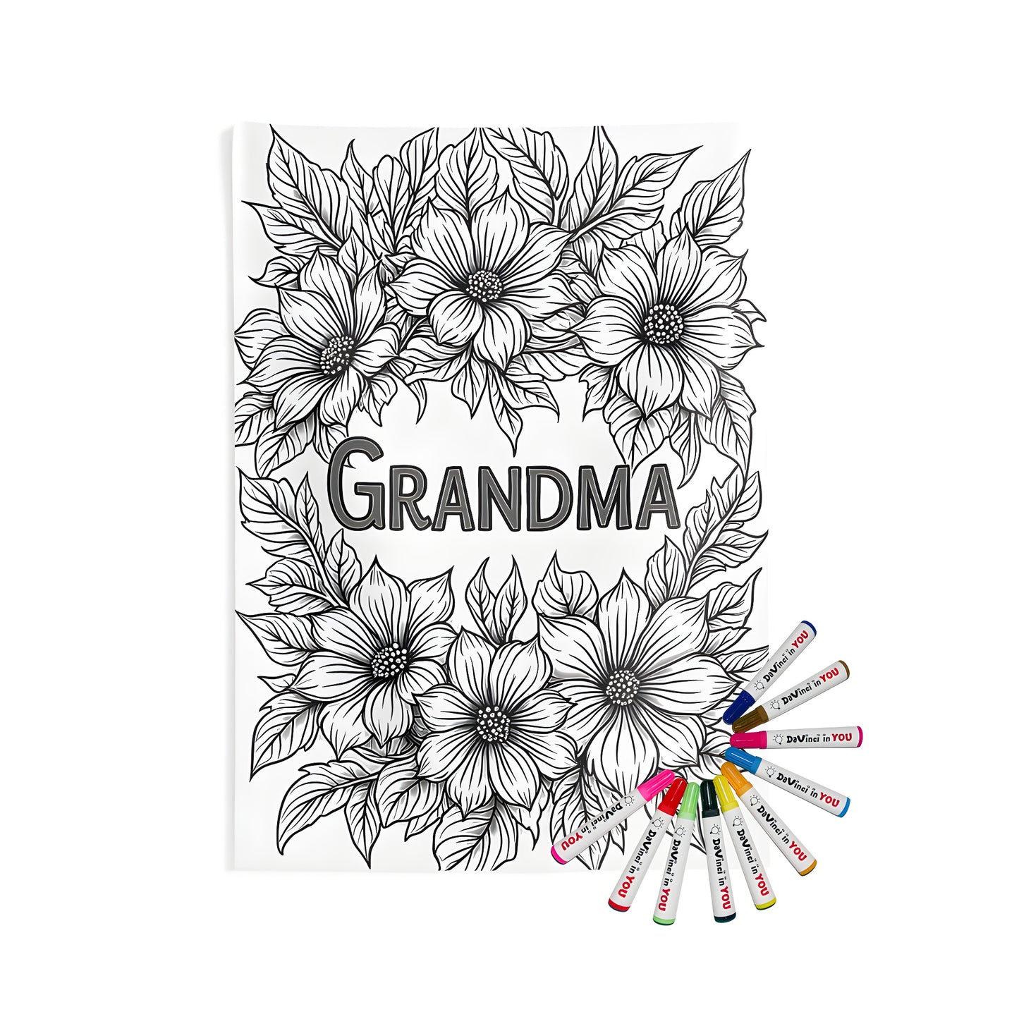 Indoor wall tapestry for decoration with floral artwork design featuring flowers and leaves with the word 'GRANDMA' in the center