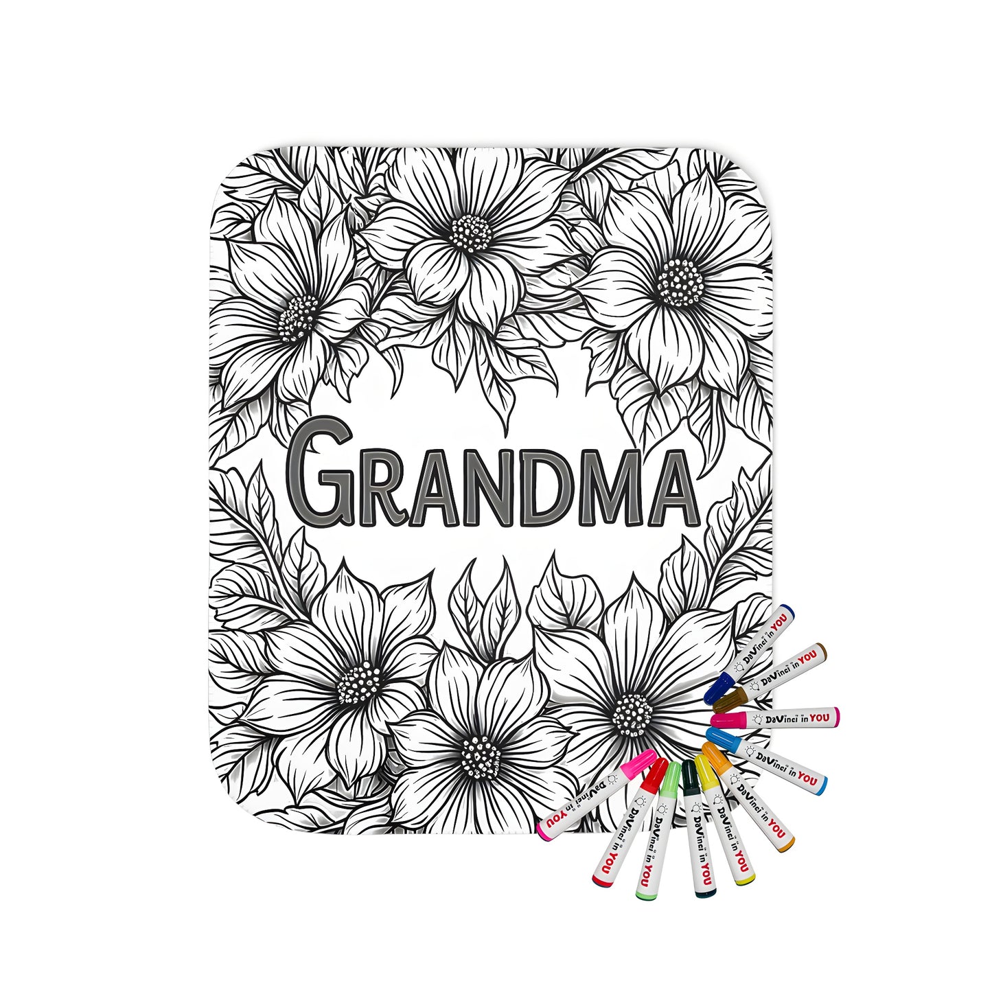 Colorful blanket featuring floral artwork, leaves, and Grandma's love