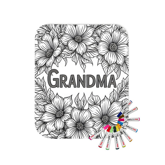 Colorful blanket featuring floral artwork, leaves, and Grandma's love