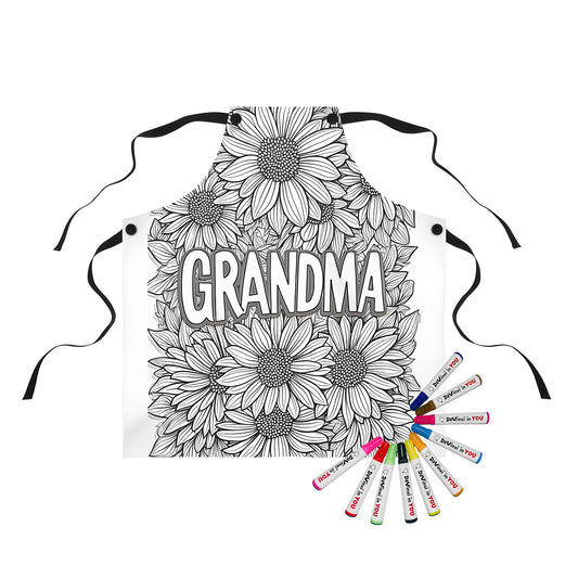 Colorful apron featuring a black and white sunflower design with detailed illustrations and 'GRANDMA' written in the center, perfect for a fun and creative activity