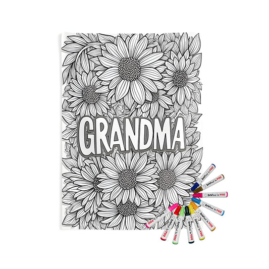 Black and white coloring page with detailed sunflowers and 'GRANDMA' written in the center, printed on a high-quality Indoor Wall Tapestries