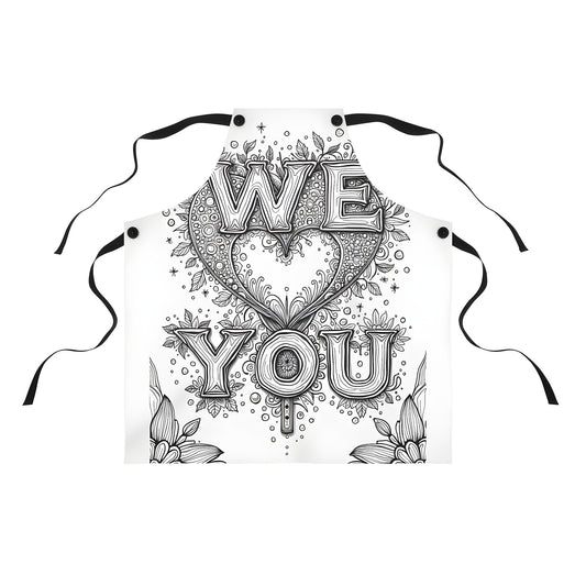 Colouring apron with affectionate design featuring 'We Love You' hearts, flowers, and leaves