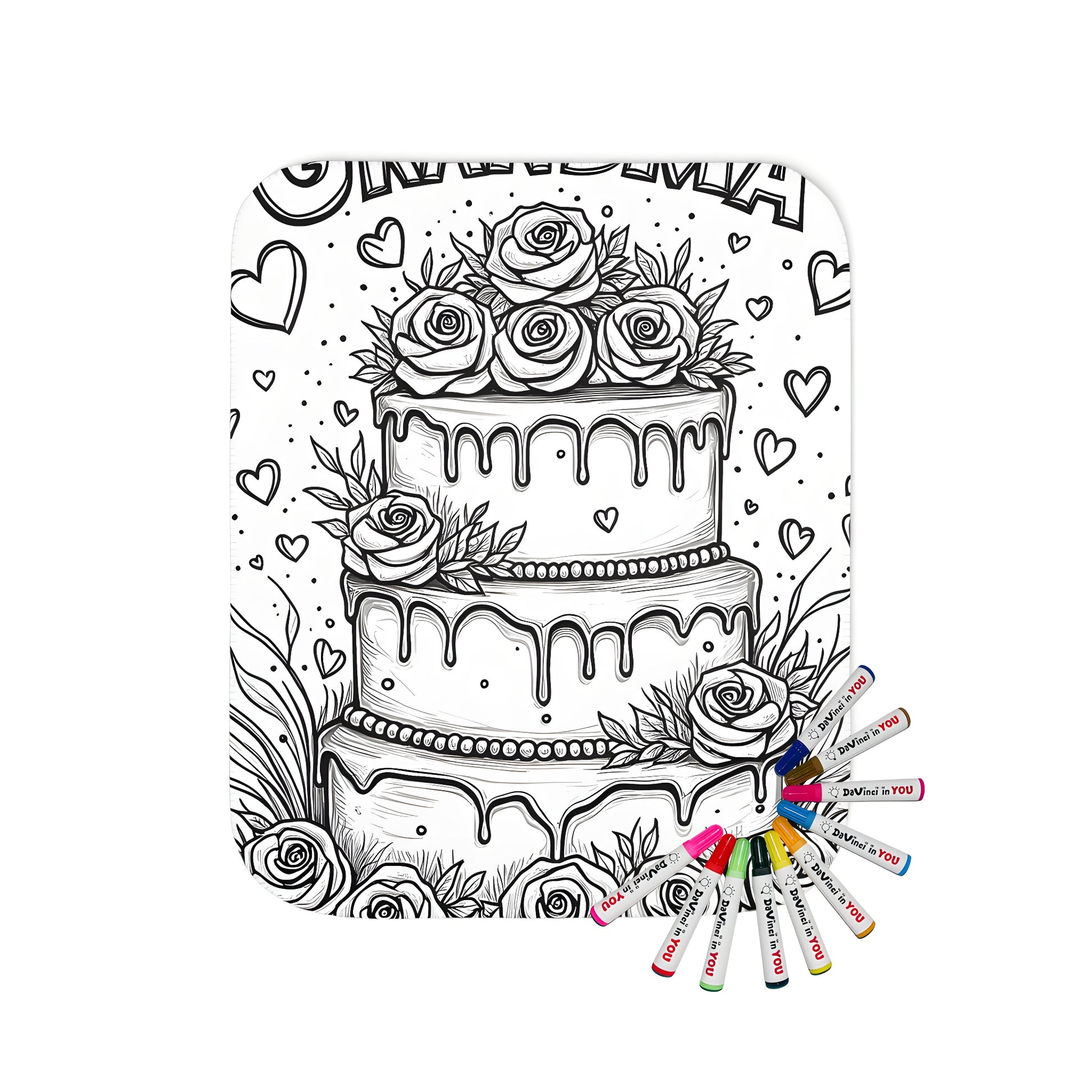 Cozy blanket with a grandmother-themed coloring page design featuring a three-tiered cake with dripping icing and roses