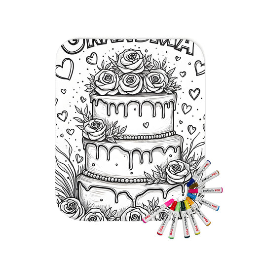 Cozy blanket with a grandmother-themed coloring page design featuring a three-tiered cake with dripping icing and roses