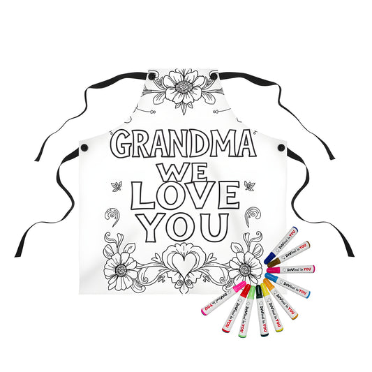 Apron with cute coloring page design featuring 'Grandma We Love You' surrounded by floral designs.