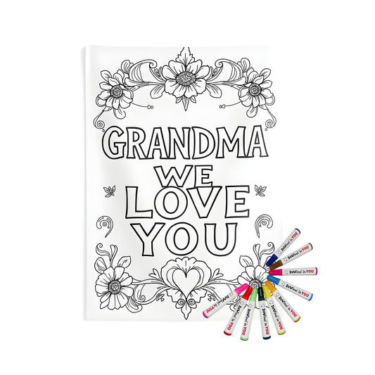 Vintage-inspired indoor wall tapestry with 'Grandma We Love You' floral coloring page design. Soft pastel hues and intricate details add a touch of elegance to any room.