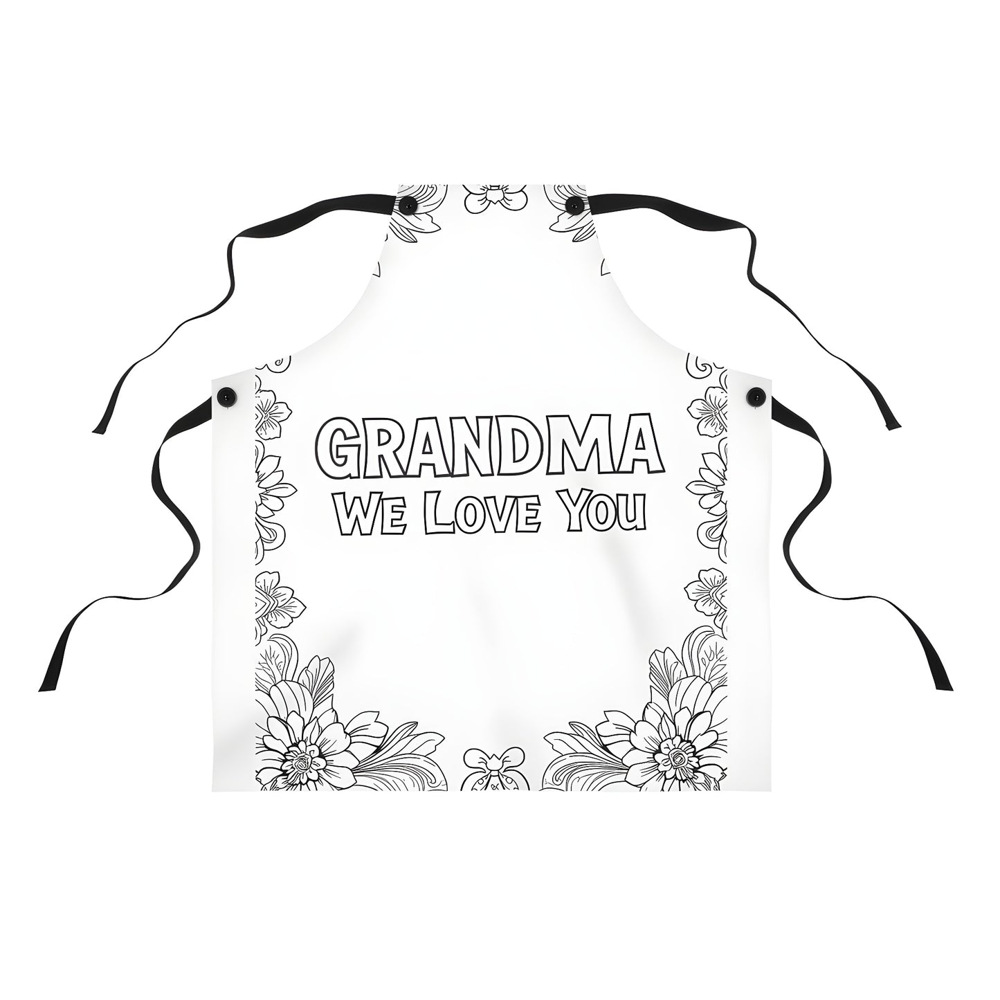 Grandma themed apron with floral border and "GRANDMA We Love You" writing, colorful and playful design