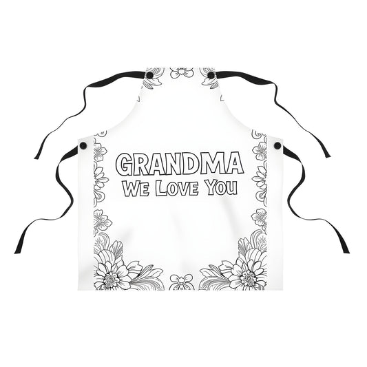 Grandma themed apron with floral border and "GRANDMA We Love You" writing, colorful and playful design