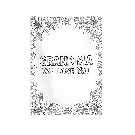 Indoor wall tapestries with grandma love theme, featuring floral border and 'GRANDMA We Love You' design