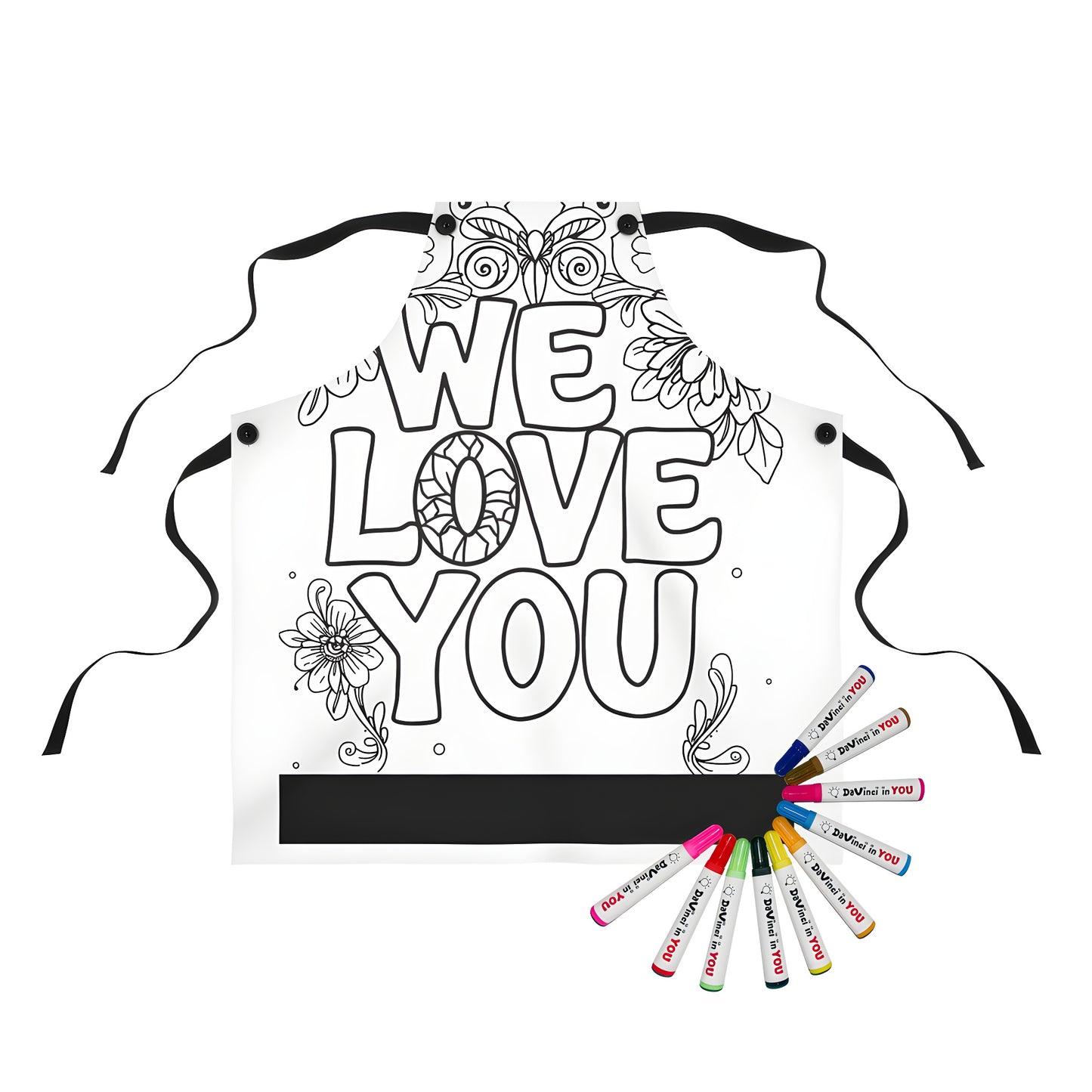 Floral message apron with colorful markers, floral designs on aprons, we love you apron for kids and adults