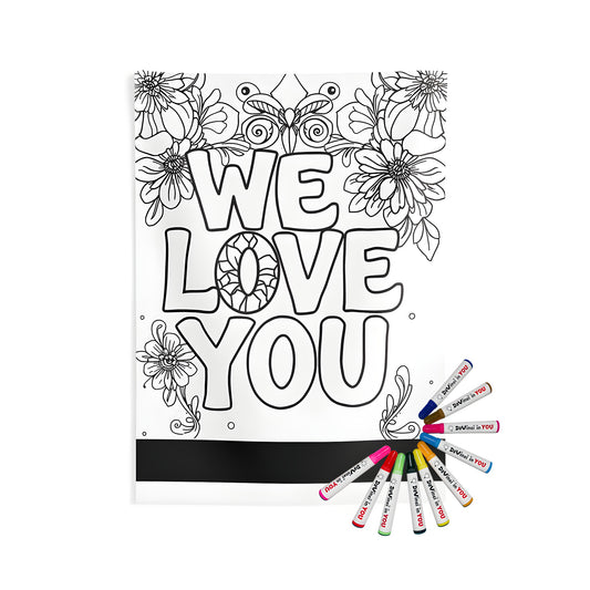 Decorative floral wall tapestries for indoor use, featuring a coloring kit with 10 fabric markers and 'We Love You' line art image with flowers and butterfly