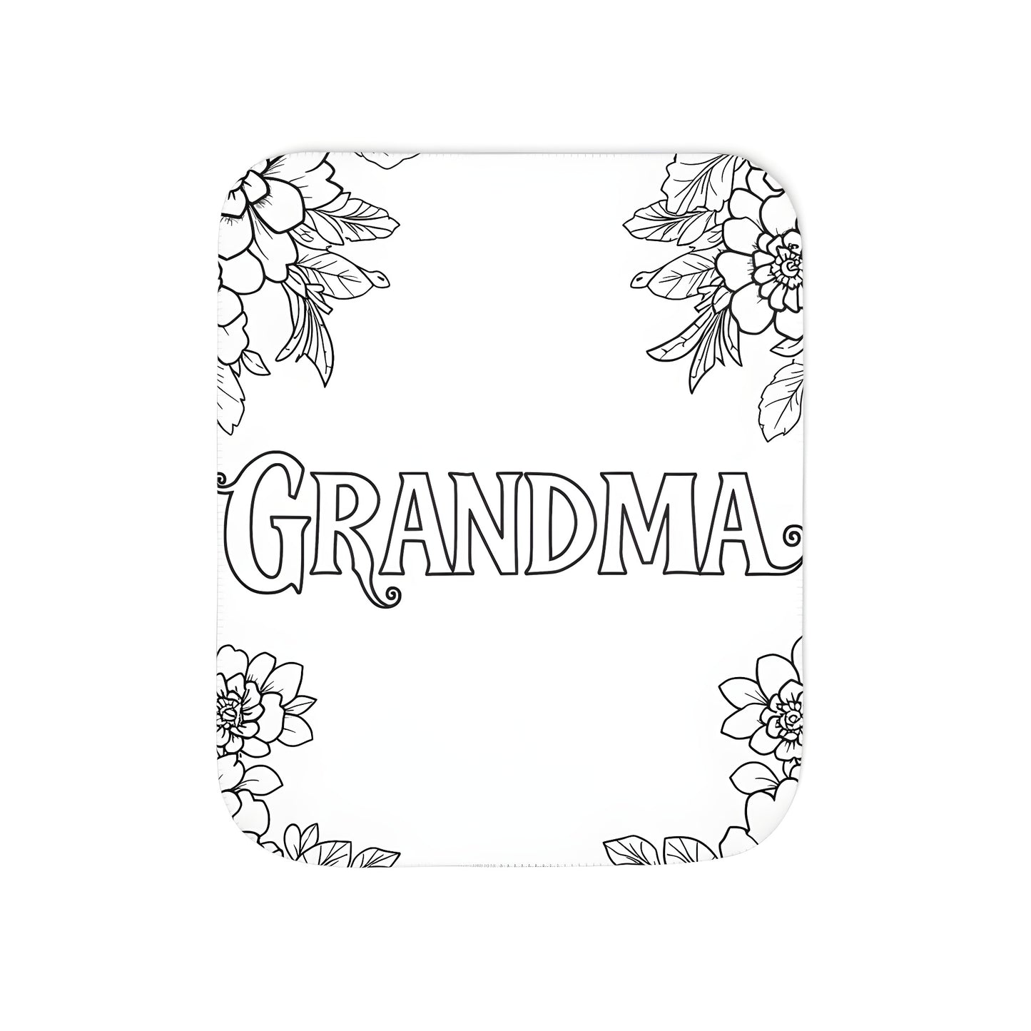 Cozy blanket with intricate 'grandma', mom, mother, or granny' themed coloring page design surrounded by beautiful flowers and leaves, perfect for relaxing at home.