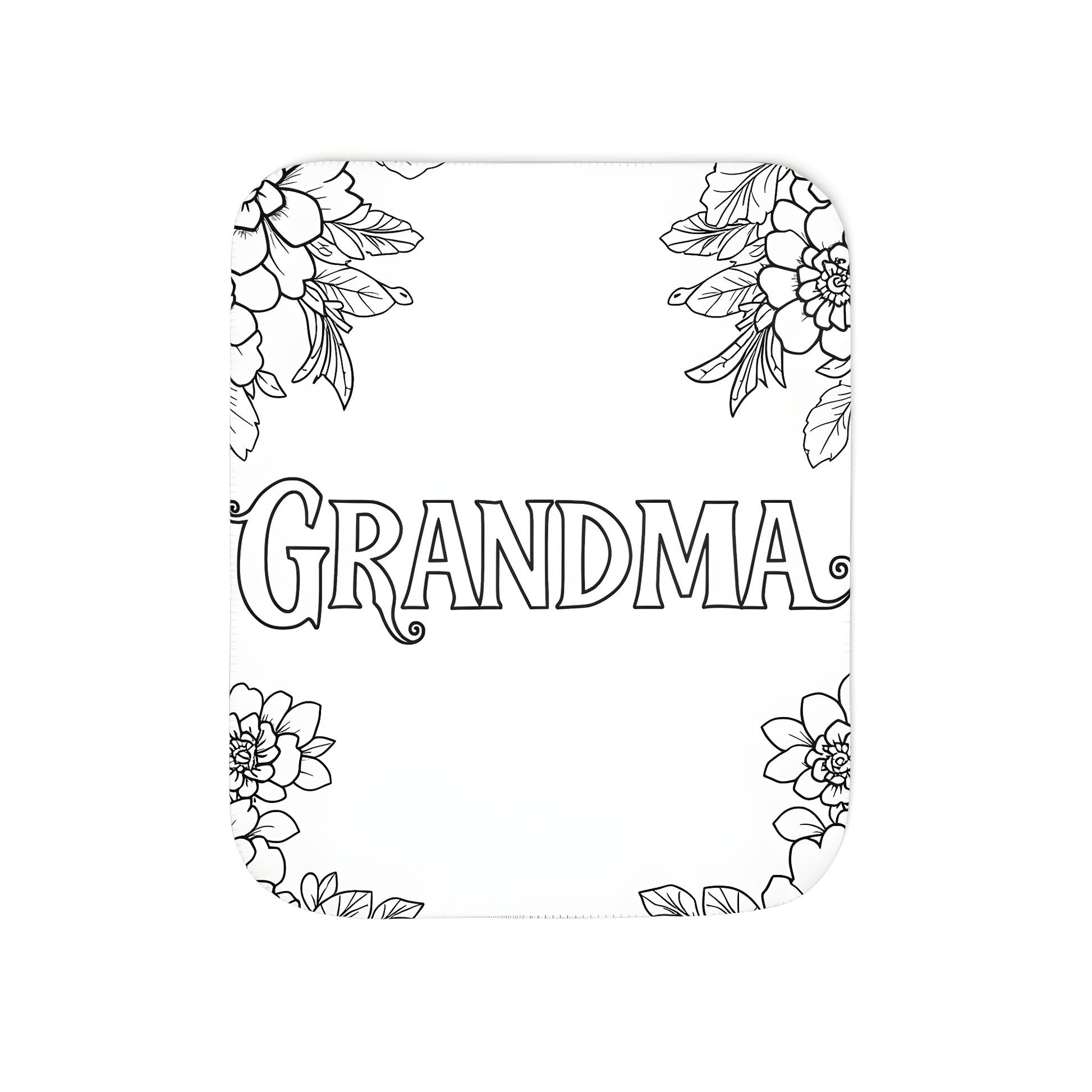 Cozy blanket with intricate 'grandma', mom, mother, or granny' themed coloring page design surrounded by beautiful flowers and leaves, perfect for relaxing at home.