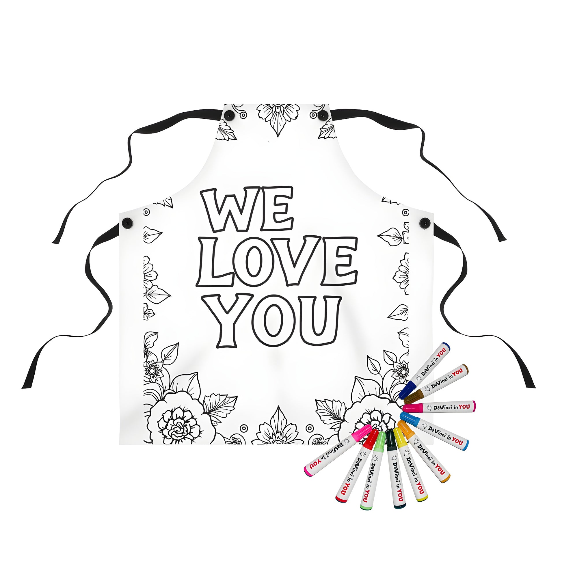 Coloring apron with loving message 'We Love You' surrounded by floral designs