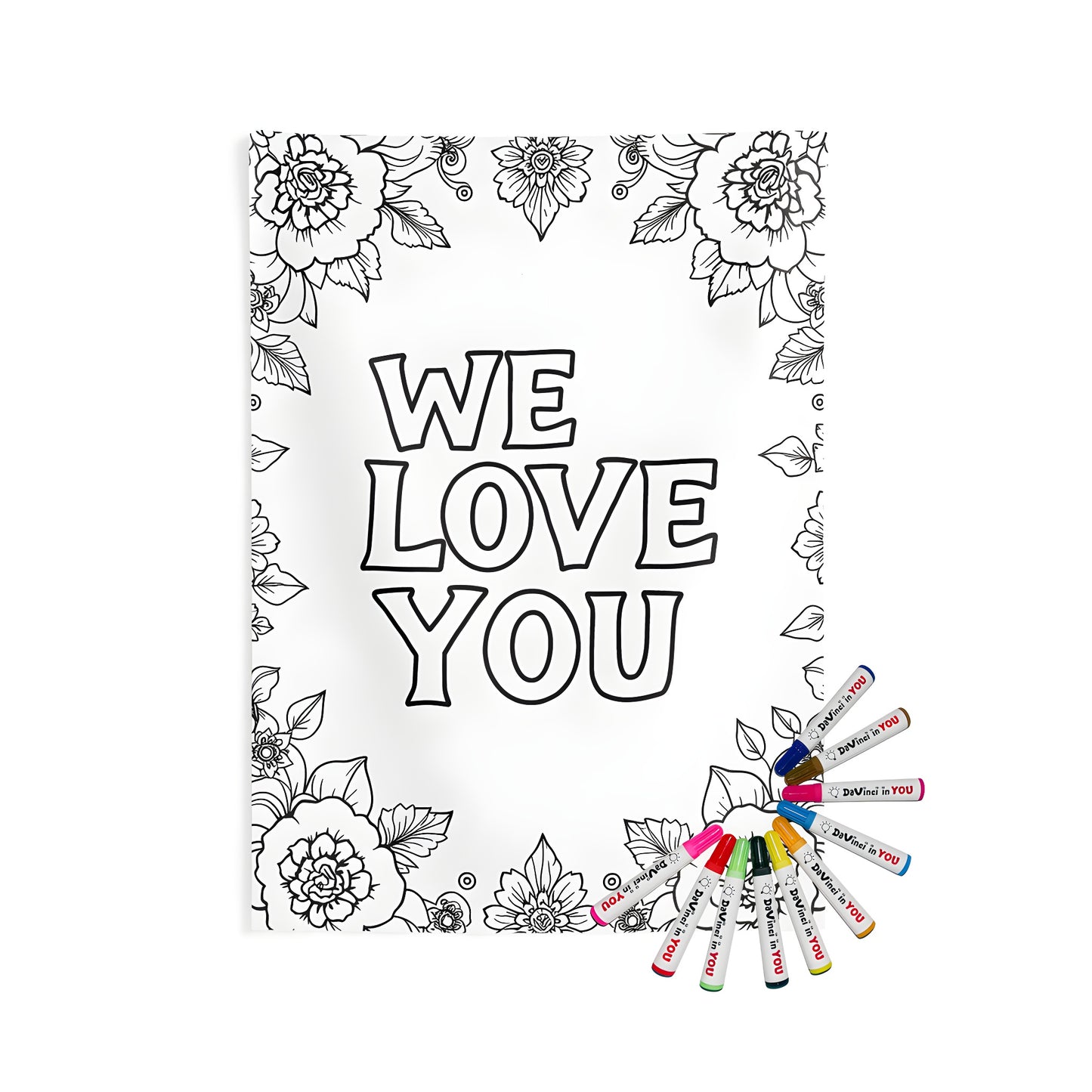 Indoor Wall Tapestry featuring a colorful 'We Love You' message and floral designs