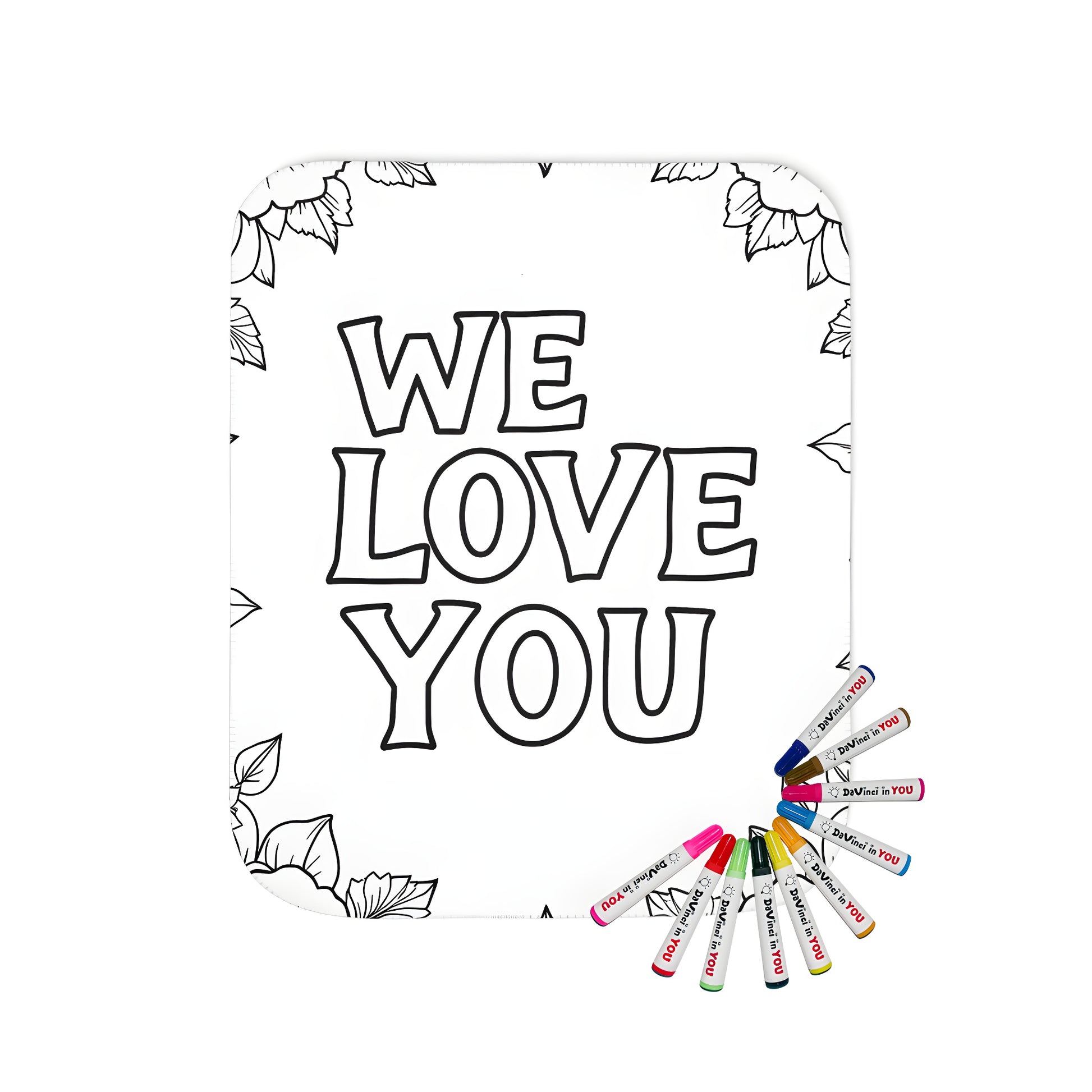 Blanket with love heart design, featuring We Love You message and intricate floral patterns