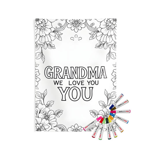 Indoor wall tapestries coloring kit with grandma-themed fabric markers for adults and seniors - black and white floral border coloring page with 'GRANDMA WE LOVE YOU' text