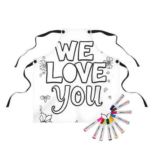 Colorful apron featuring an adorable 'WE LOVE YOU' message and delicate floral designs