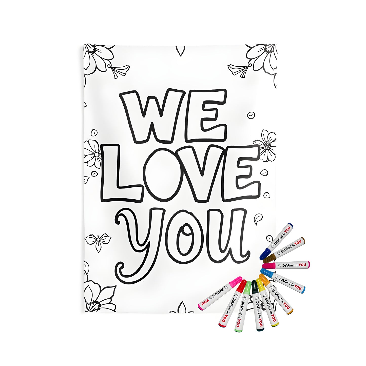 Indoor wall tapestries with affectionate message, featuring a coloring page design of a black and white floral pattern surrounded by 'WE LOVE YOU' text for home decor.