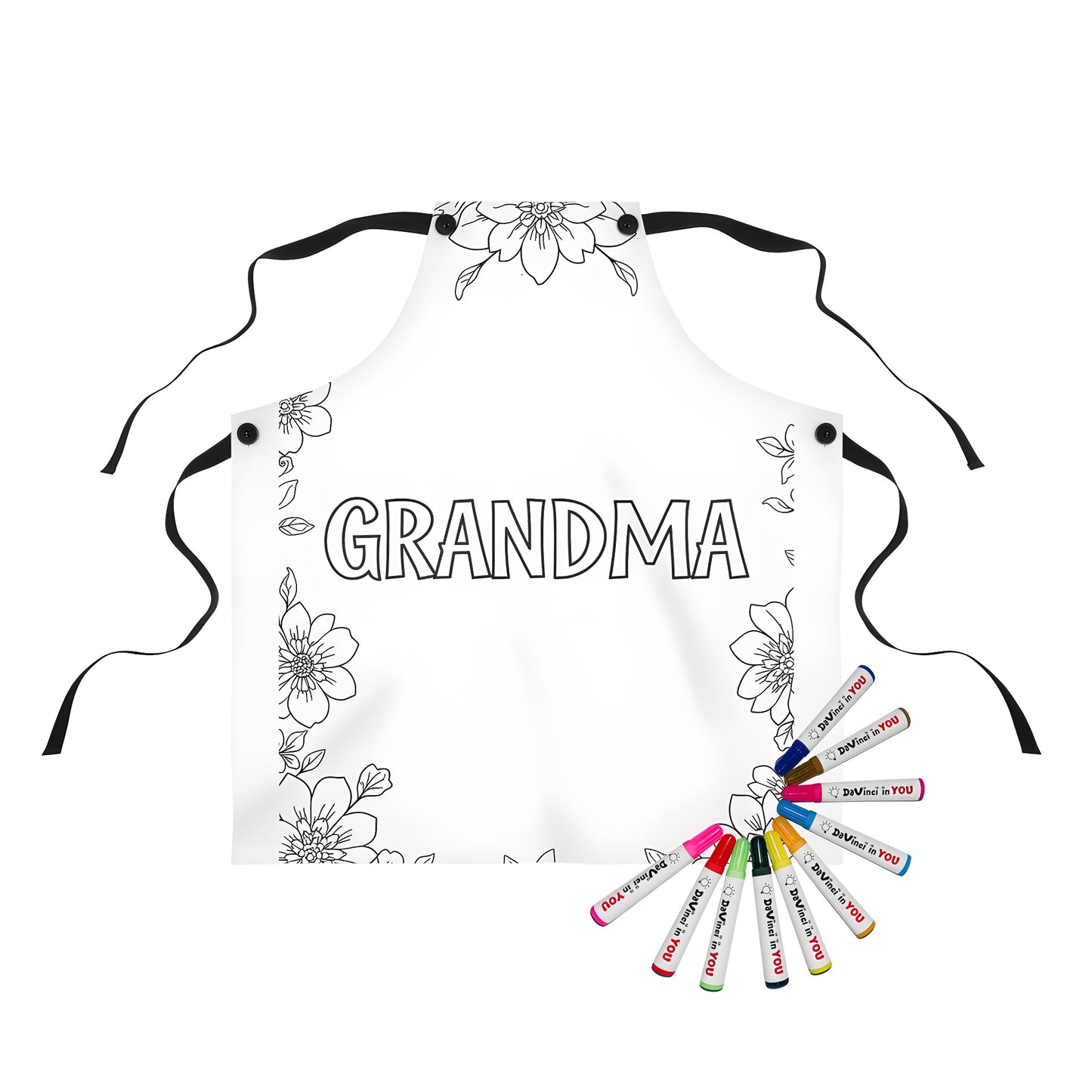 Apron with coloring page design featuring 'GRANDMA' in large letters framed by floral pattern and detailed flowers and leaves