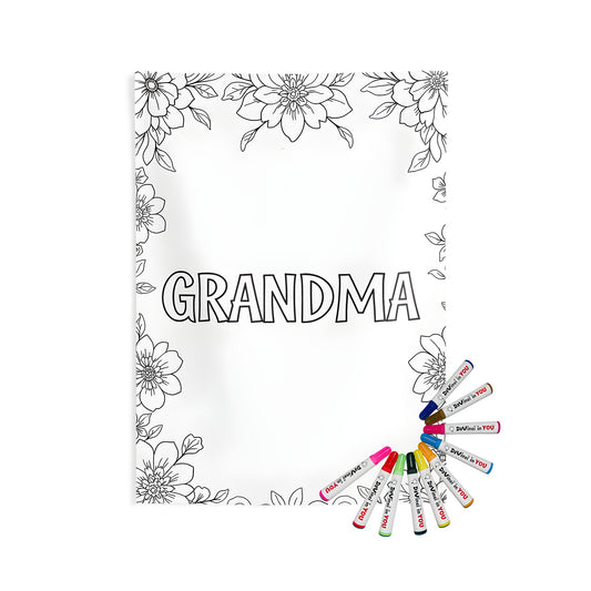 Indoor wall tapestries coloring kit with 10 fabric markers, featuring a detailed floral frame design and large 'GRANDMA' lettering for a personalized touch.