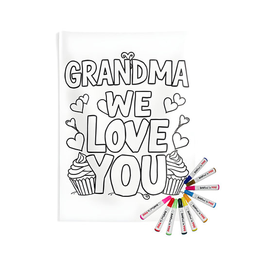 Colorful Indoor Wall Tapestry featuring 'Grandma We Love You' design, hearts and cupcakes - Home Decor Accessory