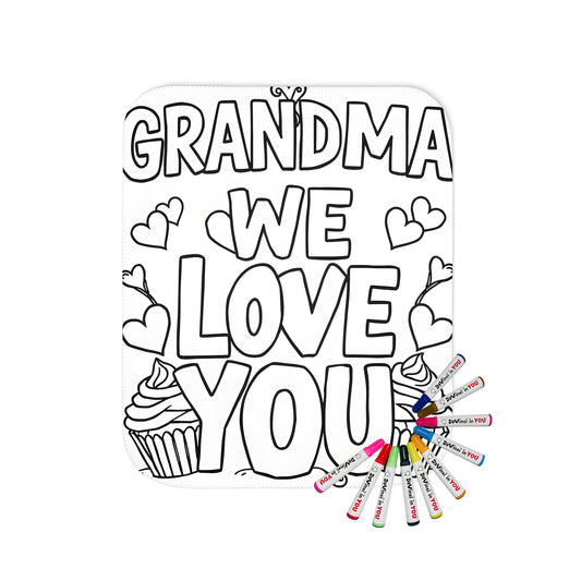 Blanket coloring kit for adults featuring 'Grandma We Love You' design with hearts and cupcakes