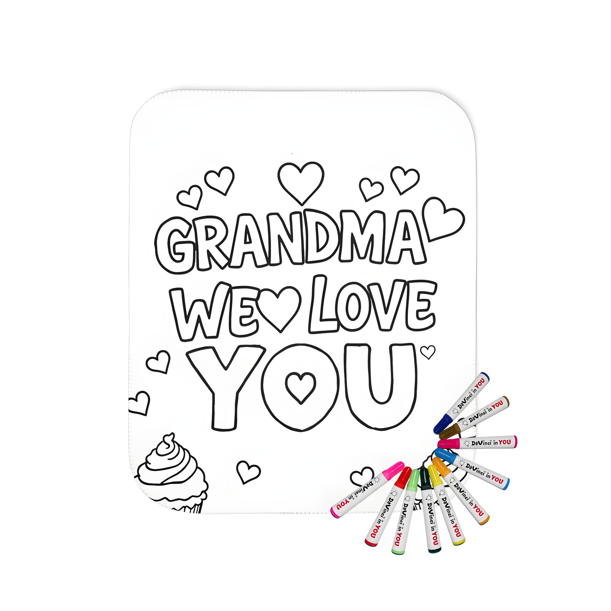 A soft Blanket featuring a 'Grandma We Love You' coloring page design with hearts and cupcakes