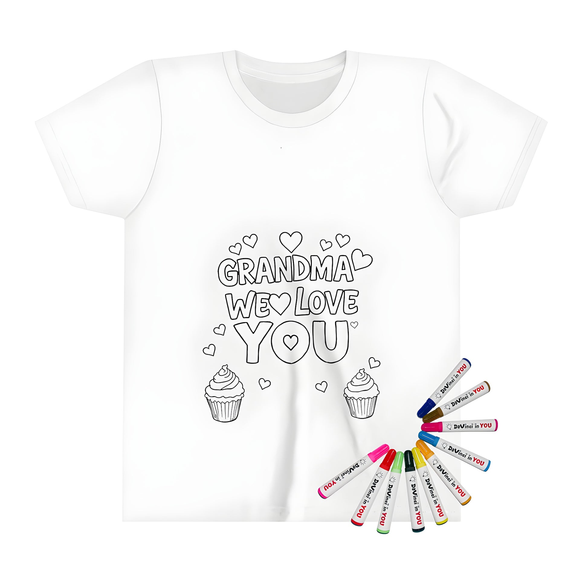 Kid's t-shirt with grandma theme coloring page design featuring 'Grandma We Love You' surrounded by hearts and cupcakes