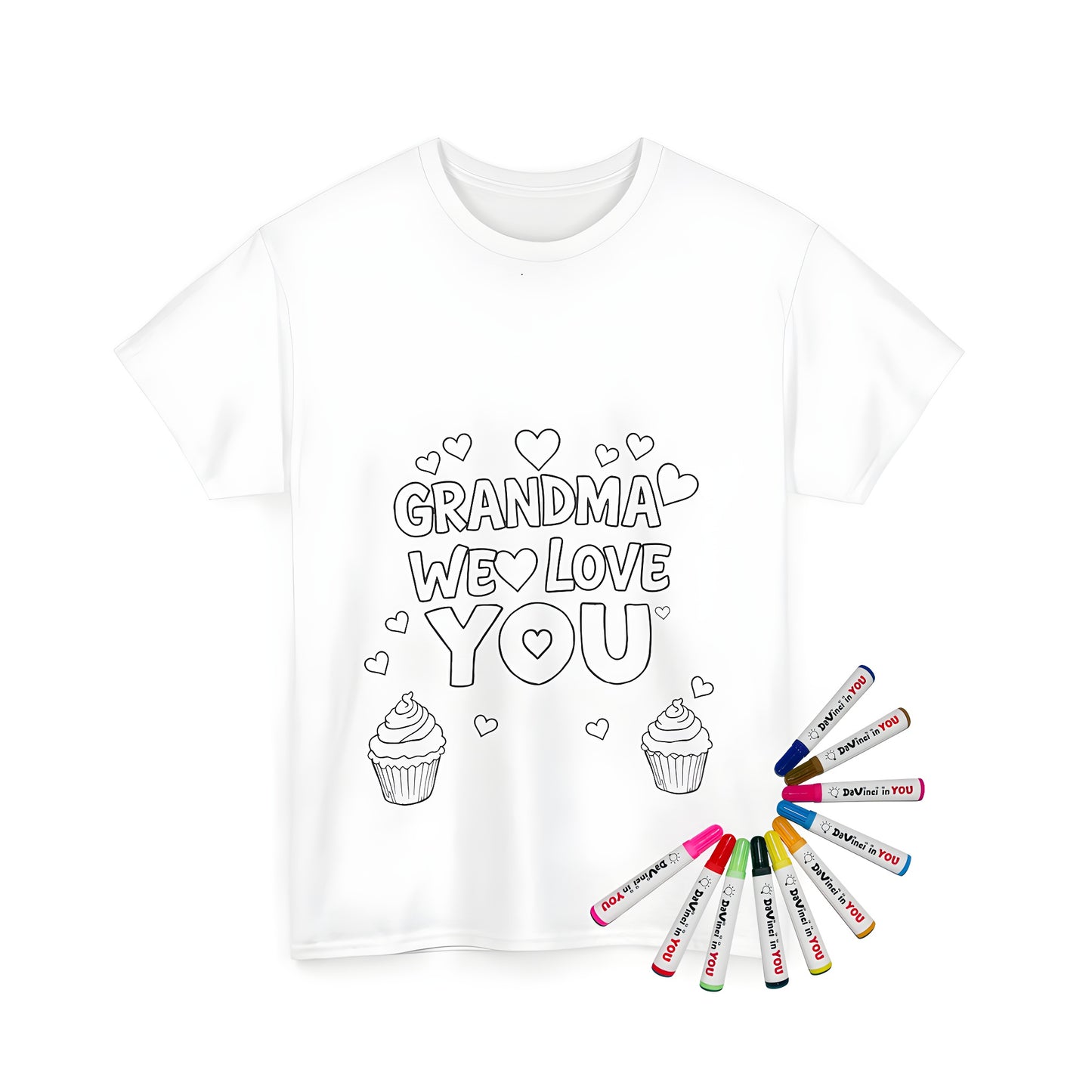 Unisex t-shirt featuring a coloring page design of 'Grandma We Love You' surrounded by hearts and cupcakes, perfect for grandmothers, matriarchs, nannies, caregivers, and loving family members