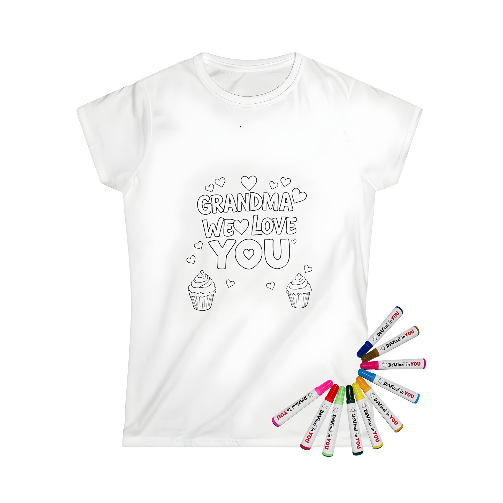 Women's t-shirt featuring a cute coloring page design of grandma with hearts and cupcakes