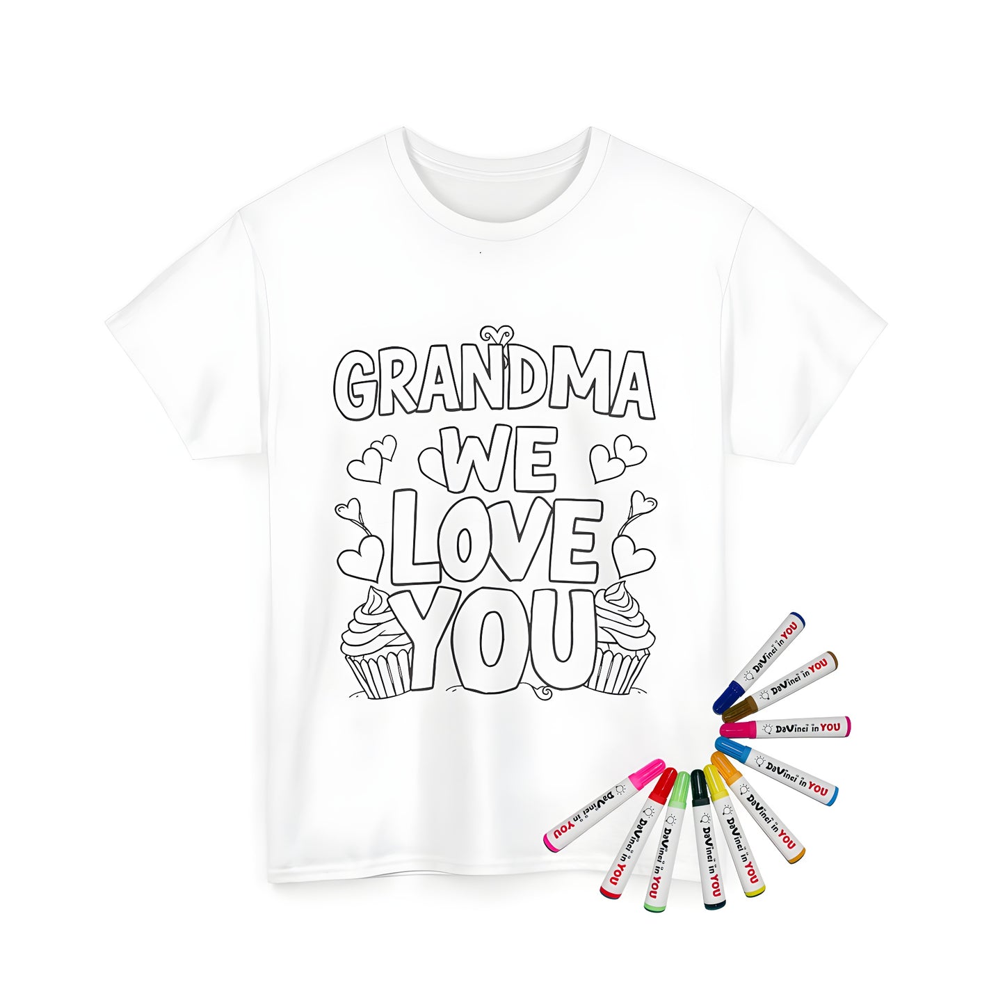 Unisex graphic t-shirt featuring 'Grandma We Love You' coloring page design