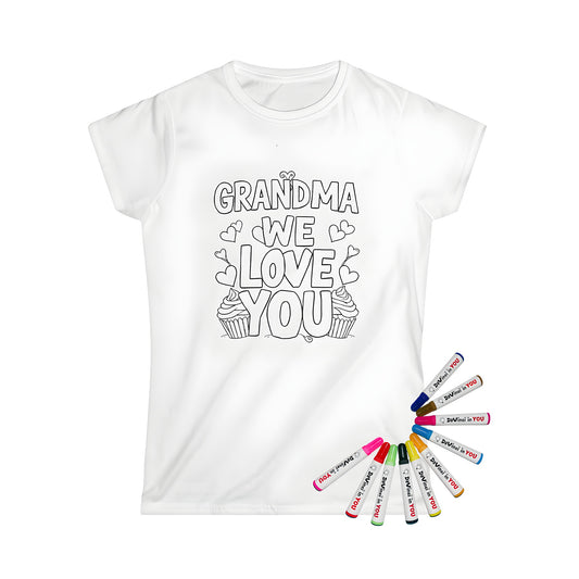 Women's t-shirt with grandma-themed coloring page design featuring 'Grandma We Love You' hearts and cupcakes