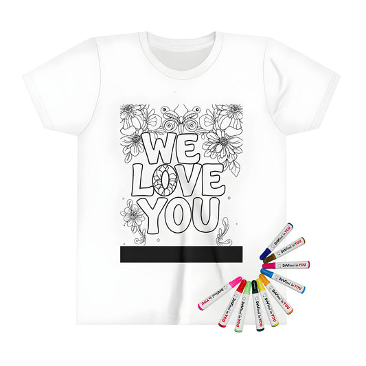 Coloring kit for kids featuring a floral message design on a kid's t-shirt, perfect for art and craft activities. Includes 10 fabric markers.