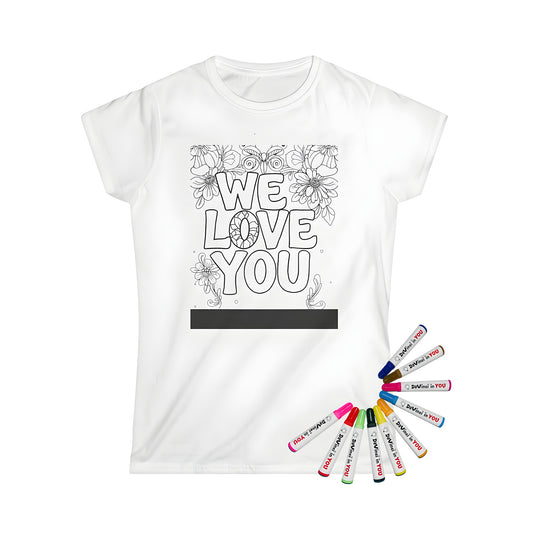 Women's T-shirt featuring colorful line art design of We Love You message with decorative flowers and butterfly