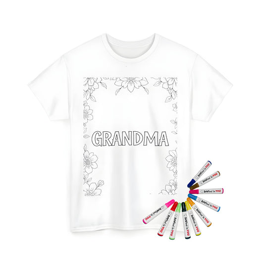 Unisex t-shirt featuring a colorful floral frame with intricate details, surrounded by a beautiful coloring page design of 'GRANDMA' in large letters.