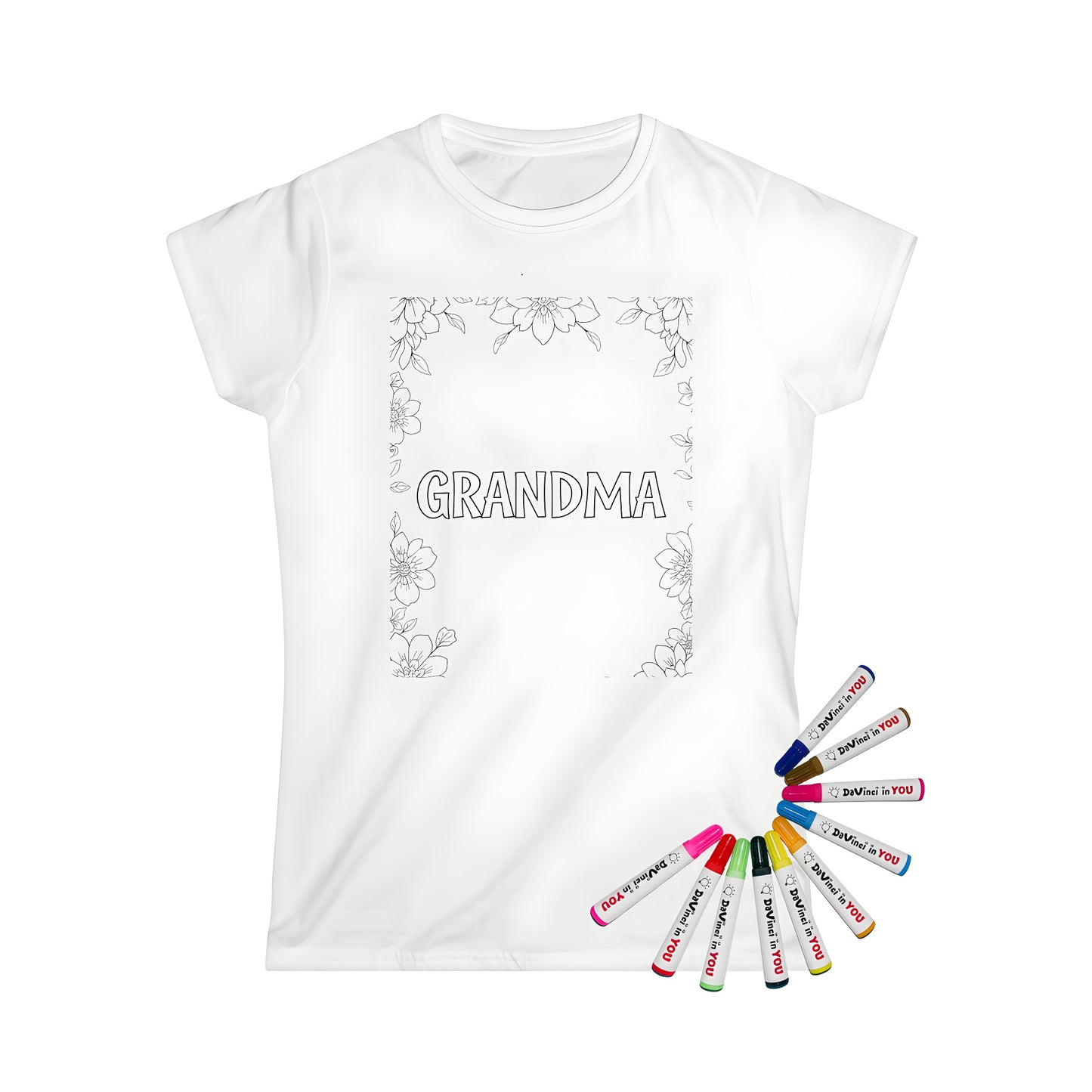 Women's T-shirt with floral frame coloring page design featuring 'GRANDMA' in bold letters and intricate flower and leaf details