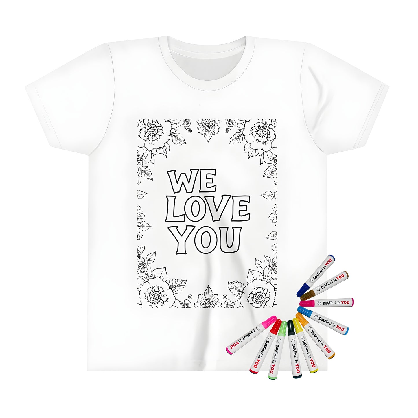 Kid's T-shirt with love and affection design featuring 'We Love You' message surrounded by intricate floral designs.