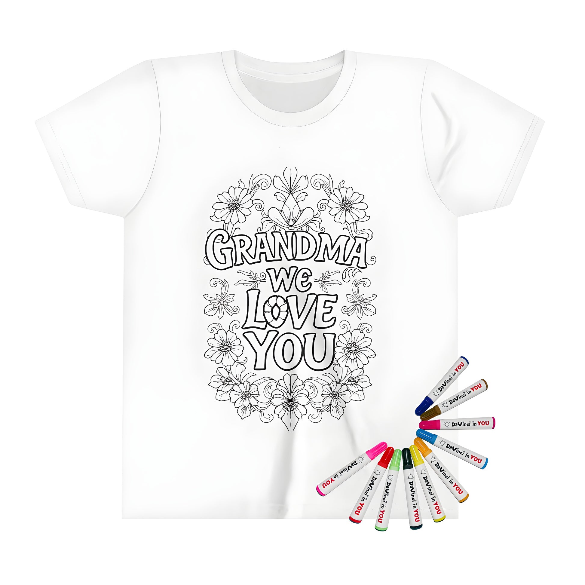 Kid's t-shirt with grandma themed coloring page design and fabric markers