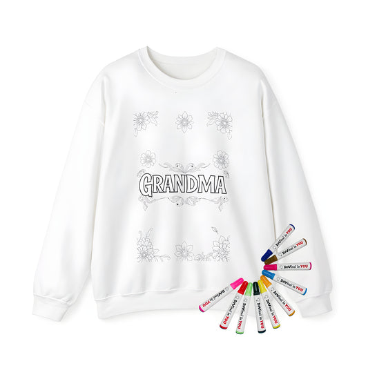 Adult sweatshirt with grandma coloring page design, features floral patterns and the word 'GRANDMA' surrounded by colorful elements. Suitable for family appreciation and Mother's Day activities.