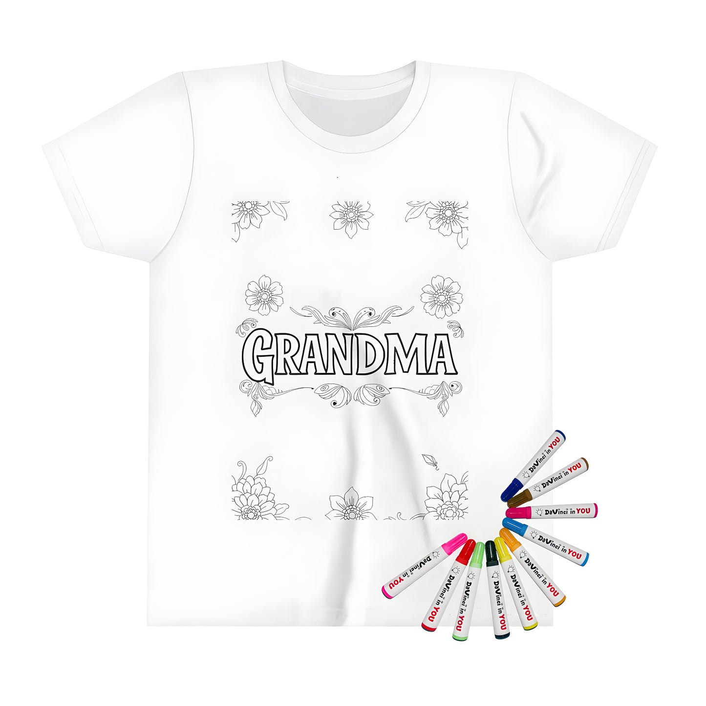 Kid's T-shirt featuring grandma coloring page design, fun fabric markers for kids